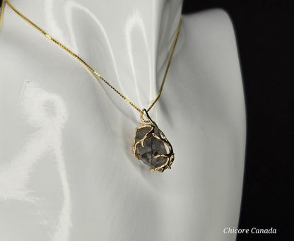 A Black Herkimer Diamond -  Tree of Life Pendant Necklace