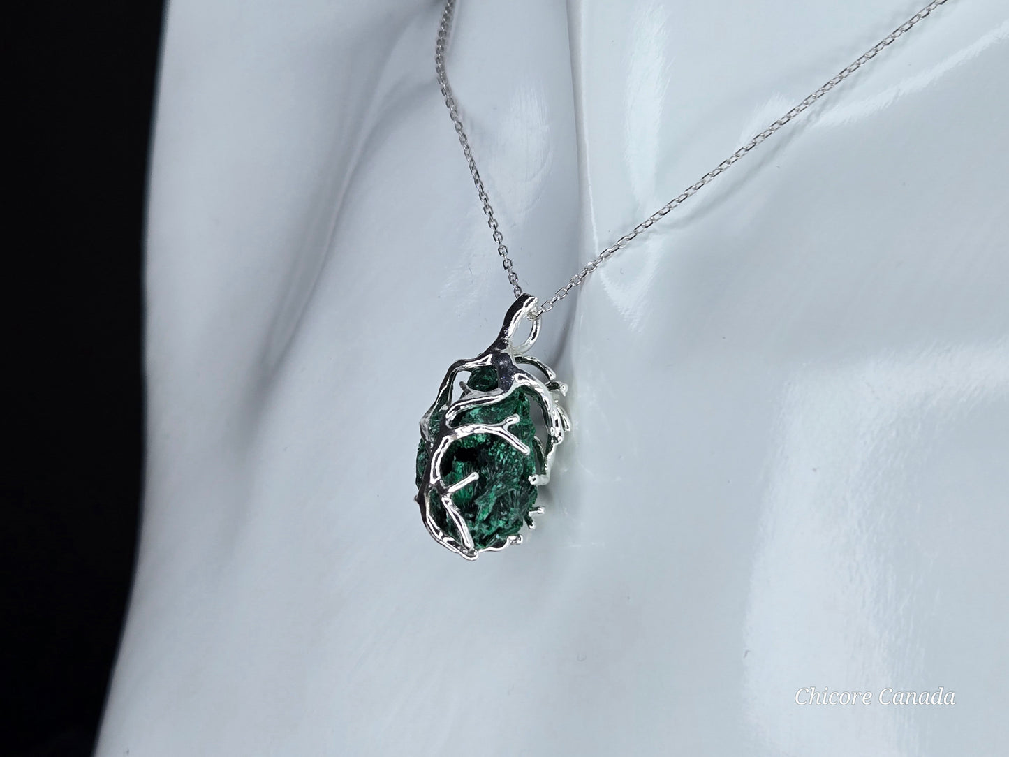 Handcrafted Raw Malachite Pendant – Luxury Design with 925 Sterling Silver Adjustable Necklace