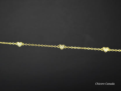 Delicate 925 Sterling Silver Adjustable Bracelet with Three Sparkling Cubic Zirconia Hearts