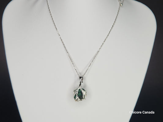 Raw Malachite Handmade Pendant with 925 Sterling Silver Adjustable Necklace