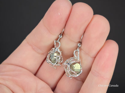 Golden Aura – Delicate Raw Pyrite Drop Earrings, Handmade Luxury