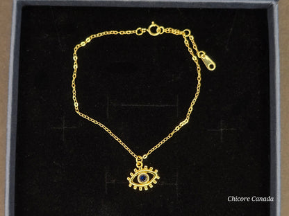 Sterling Silver Adjustable Bracelet with Protective Evil Eye Charm