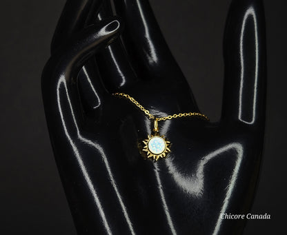 Radiant Glow: 925 Sterling Silver Dainty Opal Sun Pendant with Adjustable Necklace