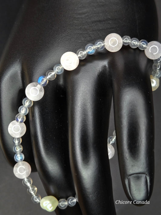 Harmony of the Heart: Moonstone, Rose Quartz & Freshwater Pearl Bracelet