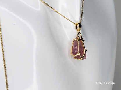 Pendentif délicat en argent sterling 925 avec quartz rose et collier réglable
