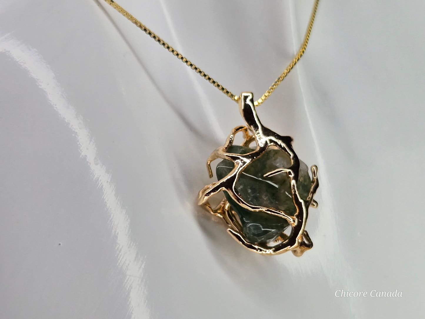 Moss Agate Pendant Necklace – Handcrafted with Adjustable 925 Sterling Silver