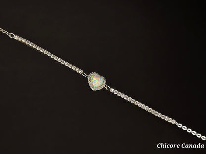 Adjustable Sterling Silver Heart-Shaped Opal Bracelet with Cubic Zirconia – Delicate Elegance & Love