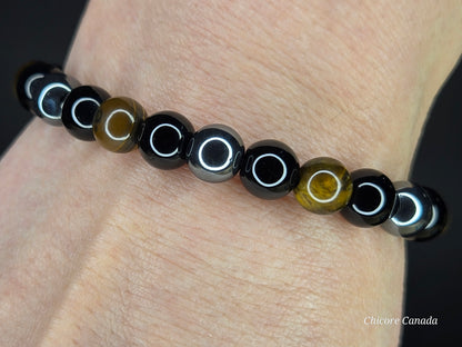 Triple Protection Bracelet - Tiger’s Eye, Hematite & Black Obsidian | Strength, Grounding & Shielding