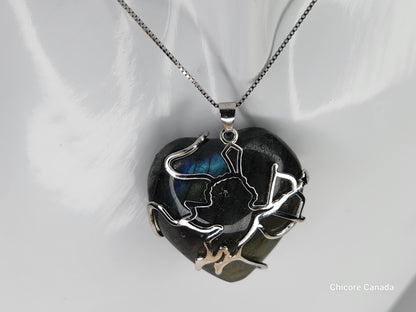 Pendentif élégant en labradorite en forme de cœur en argent sterling 925 avec collier réglable – Fabriqué à la main et naturellement rayonnant
