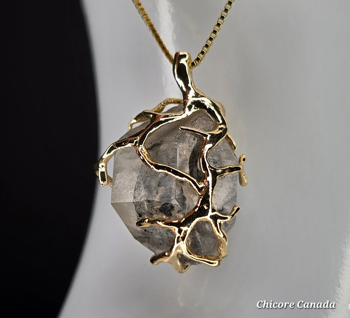 A Black Herkimer Diamond -  Tree of Life Pendant Necklace