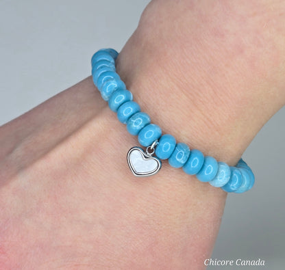 AAA Larimar Bracelet with Stainless Steel Heart Charm – Handmade Elegance