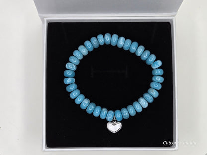AAA Larimar Bracelet with Stainless Steel Heart Charm – Handmade Elegance