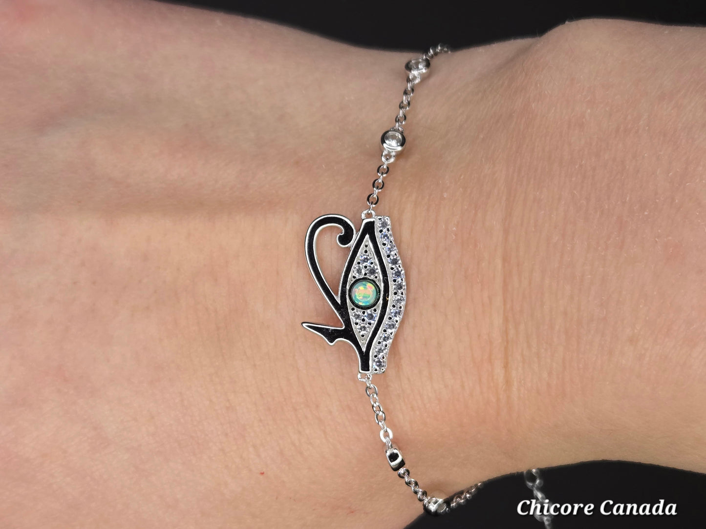 Sterling Silver Adjustable Eye of Horus Ring with Opal & White Cubic Zirconia – A Symbol of Protection & Wisdom