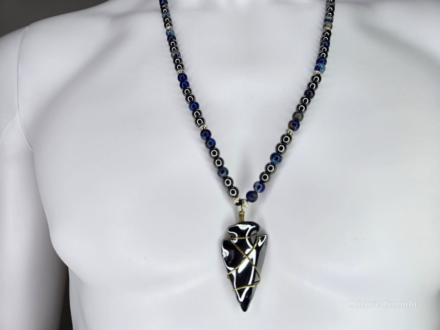 Handmade Men's Blue Sodalite & Hematite Necklace with Hematite Arrowhead Pendant – Protective Stone Jewelry for Him