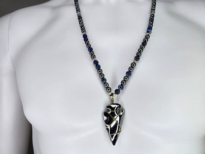 Handmade Men's Blue Sodalite & Hematite Necklace with Hematite Arrowhead Pendant – Protective Stone Jewelry for Him