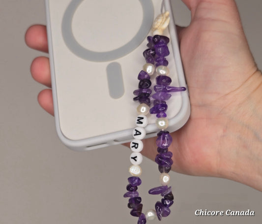 Regal Harmony: Handmade Amethyst & Freshwater Pearls Elastic Phone Strap