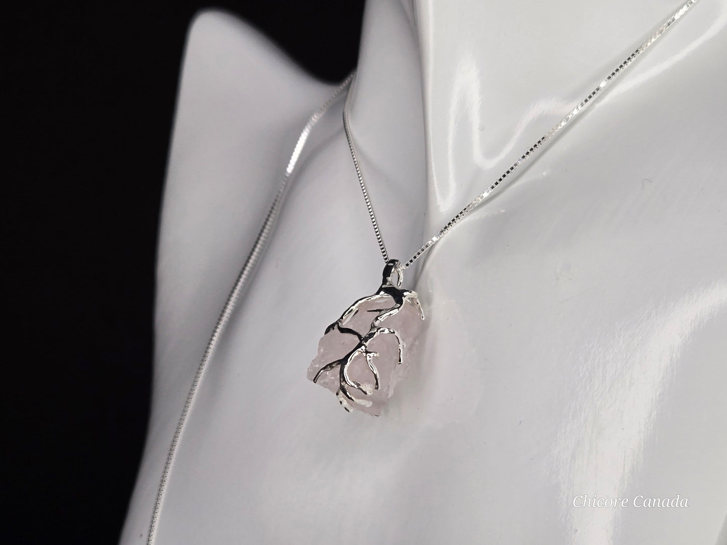 Refined Handmade Raw Rose Quartz Pendant – 925 Sterling Silver Adjustable Necklace