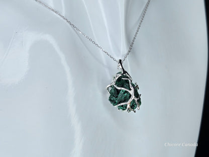 Handcrafted Raw Malachite Pendant – Luxury Design with 925 Sterling Silver Adjustable Necklace