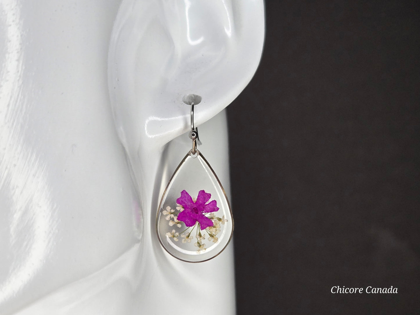 Delicate Resin Drop Earrings with Real Pink and White Flowers