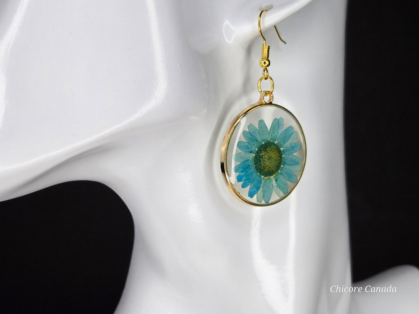 Elegant Resin Drop Earrings with Real Blue Flowers