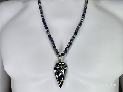 Handmade Men's Blue Sodalite & Hematite Necklace with Hematite Arrowhead Pendant – Protective Stone Jewelry for Him