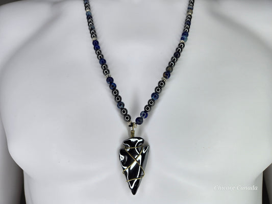 Handmade Men's Blue Sodalite & Hematite Necklace with Hematite Arrowhead Pendant – Protective Stone Jewelry for Him