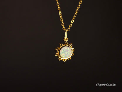 Radiant Glow: 925 Sterling Silver Dainty Opal Sun Pendant with Adjustable Necklace