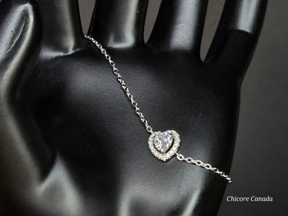 Sterling Silver Bracelet with Sparkling Heart Charm – Elegance Redefined