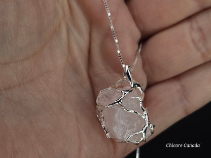 Refined Handmade Raw Rose Quartz Pendant – 925 Sterling Silver Adjustable Necklace