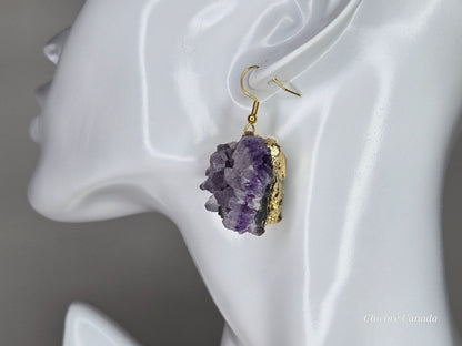 Nature’s Spark: Raw Amethyst Cluster Drop Earrings