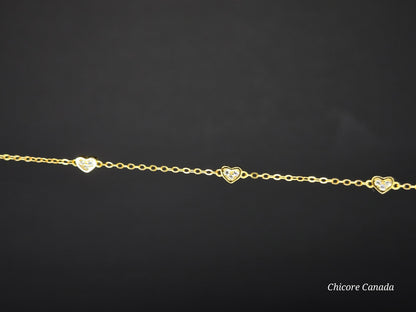 Delicate 925 Sterling Silver Adjustable Bracelet with Three Sparkling Cubic Zirconia Hearts