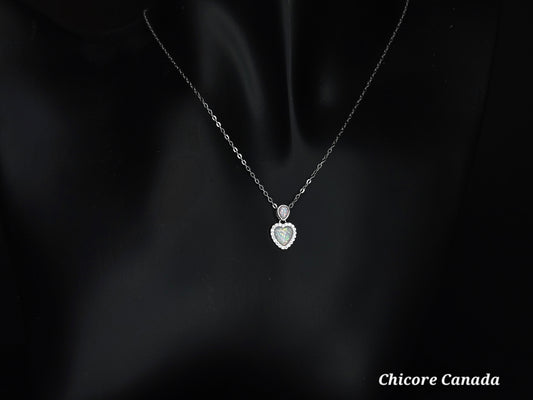Ethereal Sterling Silver Heart-Shaped Opal Pendant with Adjustable Necklace