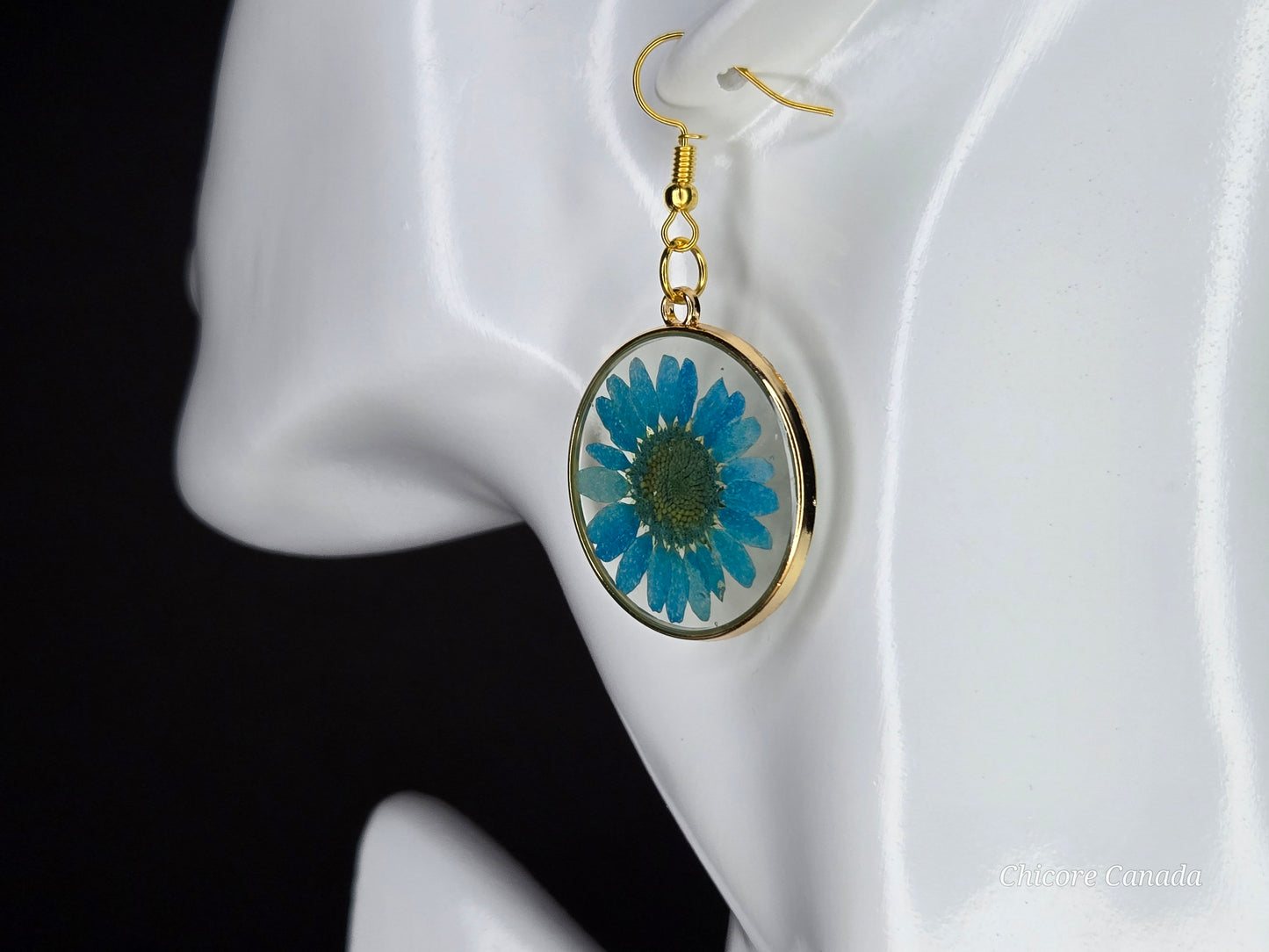 Elegant Resin Drop Earrings with Real Blue Flowers