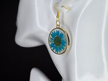 Elegant Resin Drop Earrings with Real Blue Flowers