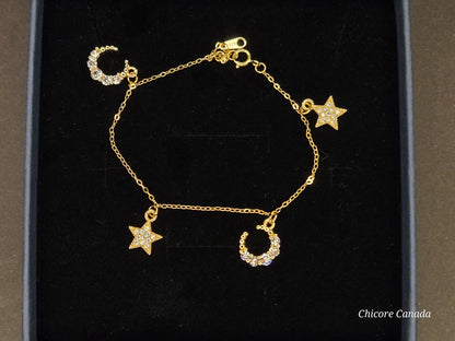 Celestial Elegance: 925 Sterling Silver Adjustable Bracelet with Cubic Zirconia Moons & Stars