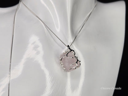 Refined Handmade Raw Rose Quartz Pendant – 925 Sterling Silver Adjustable Necklace