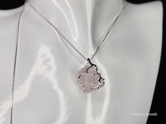 Refined Handmade Raw Rose Quartz Pendant – 925 Sterling Silver Adjustable Necklace