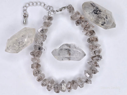 Natural Herkimer Diamond Bracelet, Raw Double-Terminated Crystal, Adjustable Silver Chain, Unisex Minimalist Jewelry