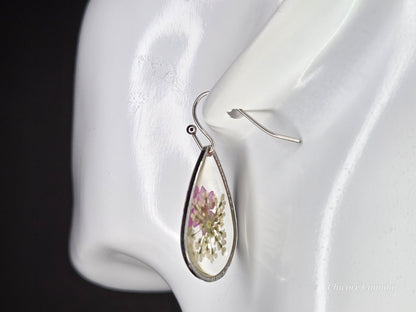 Delicate Resin Drop Earrings with Real Pink and White Flowers