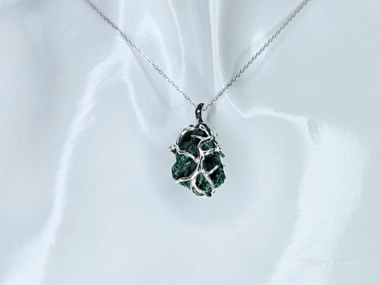 Handcrafted Raw Malachite Pendant – Luxury Design with 925 Sterling Silver Adjustable Necklace