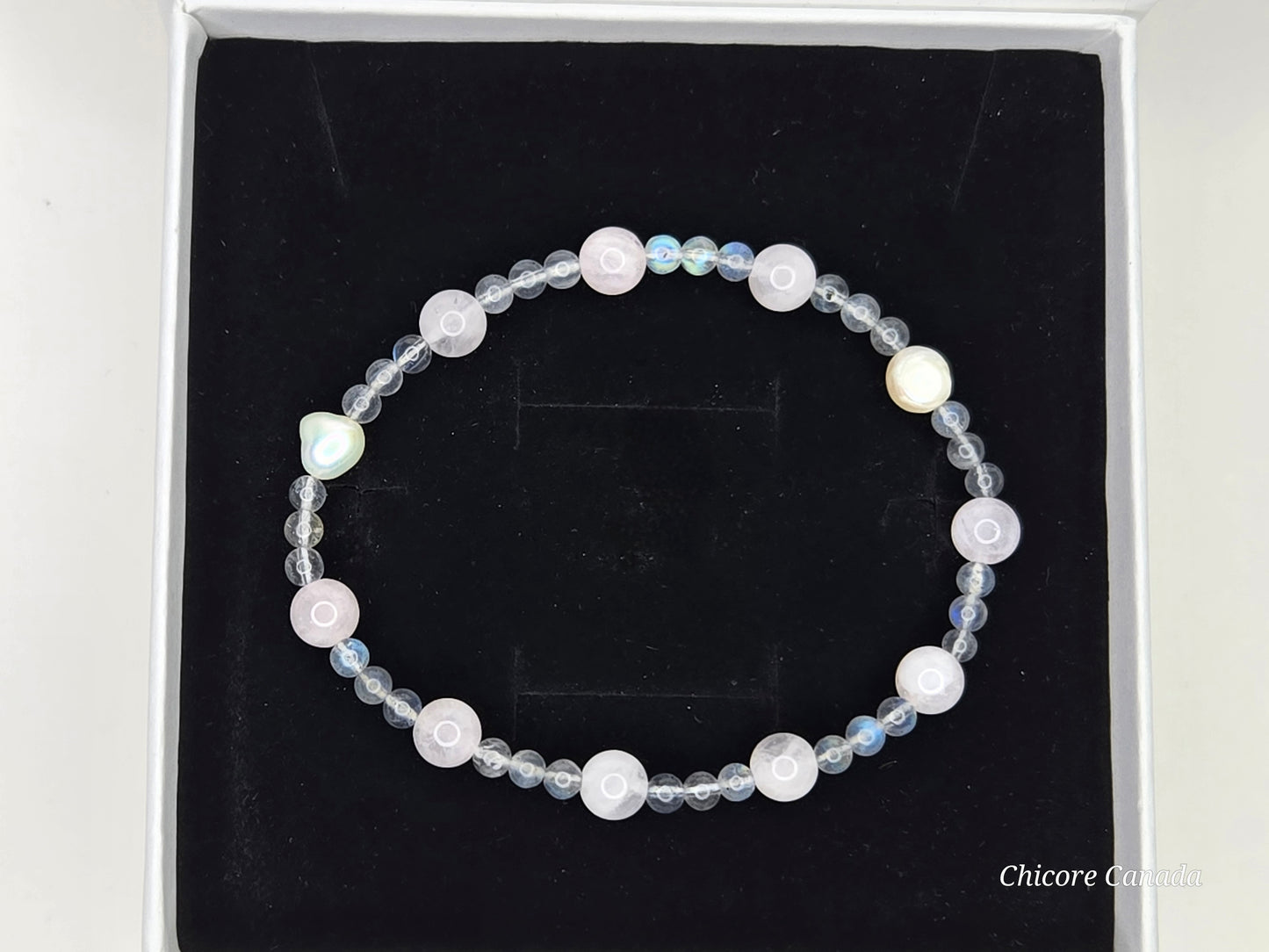 Harmony of the Heart: Moonstone, Rose Quartz & Freshwater Pearl Bracelet
