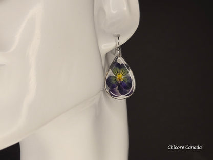 Elegant Resin Drop Earrings with Real Purple Flowers