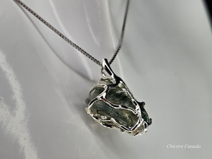 Mystical Handmade Moss Agate Pendant Necklace – Adjustable 925 Sterling Silver