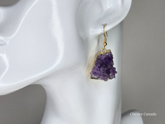 Nature’s Spark: Raw Amethyst Cluster Drop Earrings