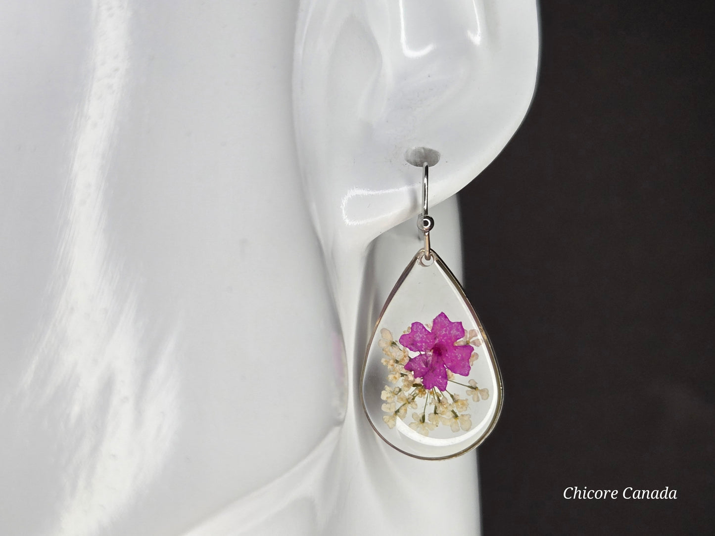 Delicate Resin Drop Earrings with Real Pink and White Flowers
