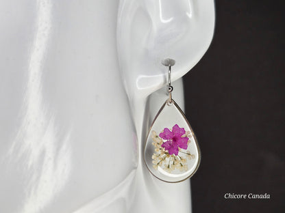 Delicate Resin Drop Earrings with Real Pink and White Flowers