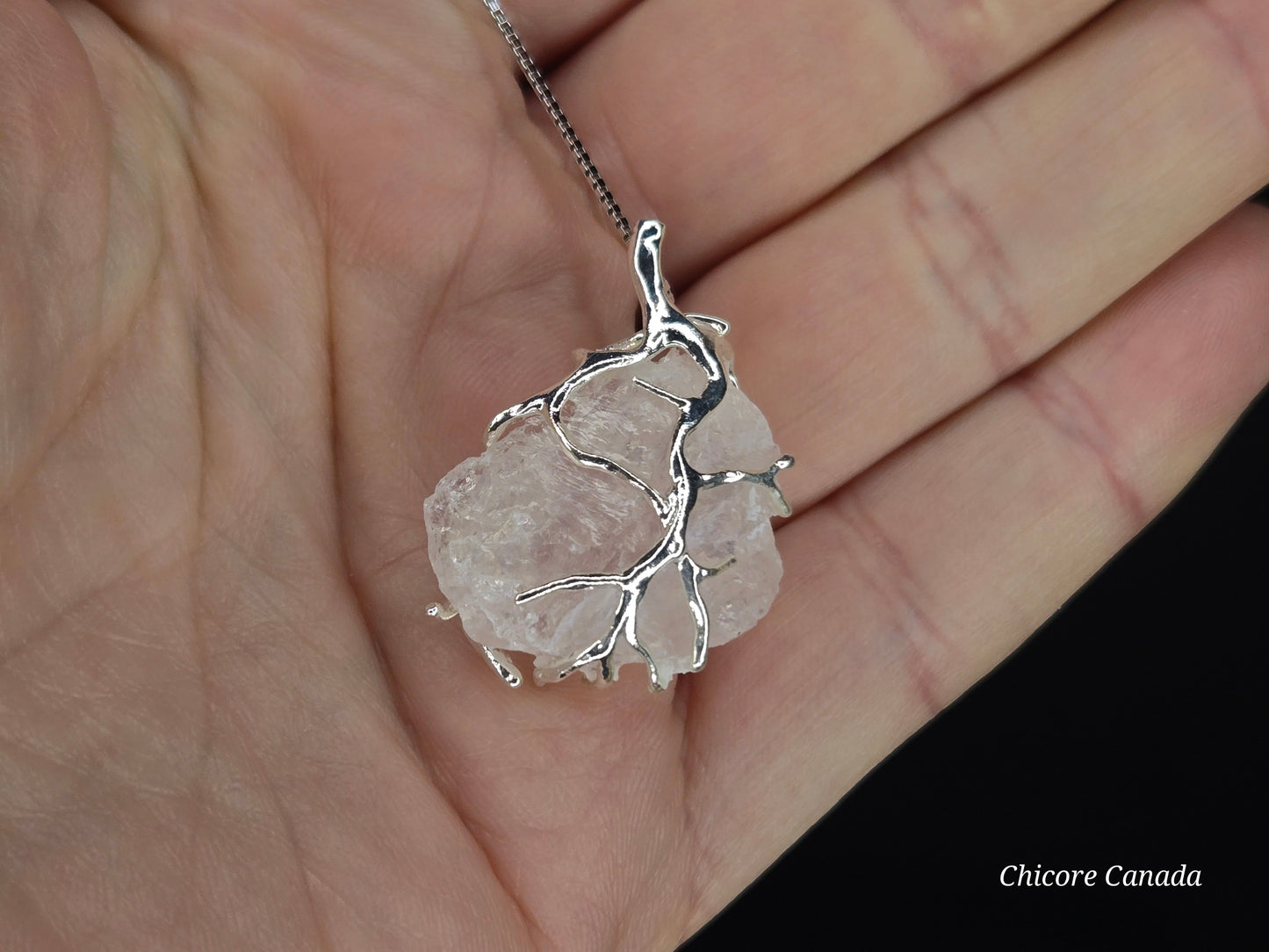 Blush Bloom – Handmade Raw Rose Quartz Pendant with 925 Sterling Silver Adjustable Necklace