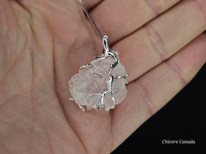 Blush Bloom – Handmade Raw Rose Quartz Pendant with 925 Sterling Silver Adjustable Necklace