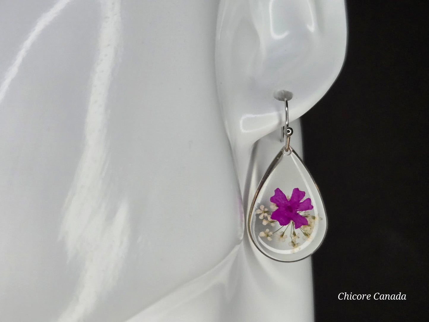 Delicate Resin Drop Earrings with Real Pink and White Flowers