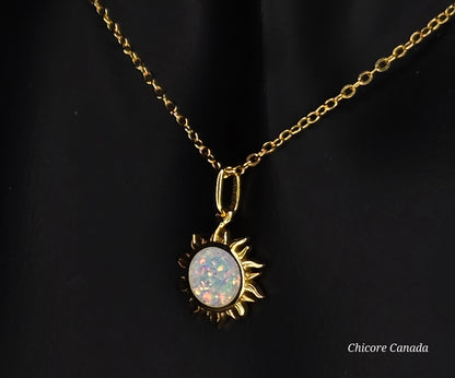 Radiant Glow: 925 Sterling Silver Dainty Opal Sun Pendant with Adjustable Necklace